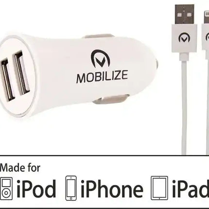 Mobilize Car Charger 2X Usb 24W + Usb To Apple Mfi Lighting Cable 1M. White Mobilize