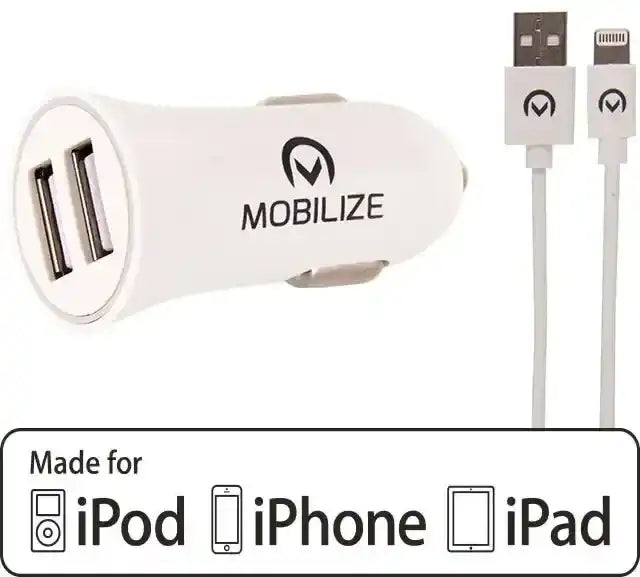 Mobilize Car Charger 2X Usb 24W + Usb To Apple Mfi Lighting Cable 1M. White Mobilize