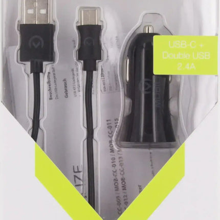 Mobilize Car Charger Dual Usb 2.4A 12W + 1M Usb-C Cable Black Mobilize