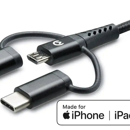 Mobilize Strong Nylon Cable 3In1 Usb To Micro Usb, Usb-C, Apple Mfi Lightning 1.5M Black Mobilize