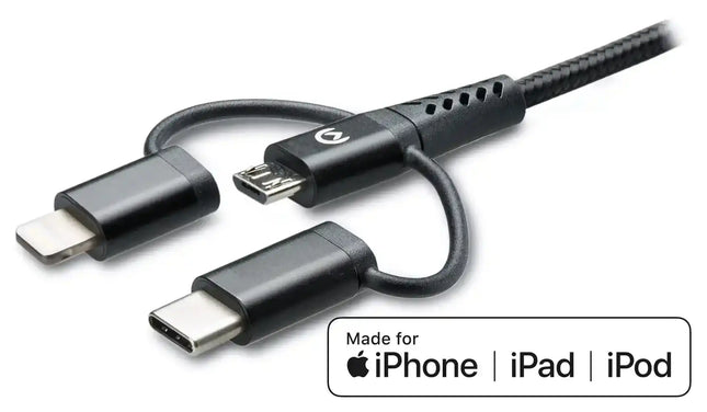 Mobilize Strong Nylon Cable 3In1 Usb To Micro Usb, Usb-C, Apple Mfi Lightning 1.5M Black Mobilize