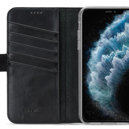 iPhone 11 Pro Max zwart leren wallet geopend met 4 pasjesvakken en geldvak