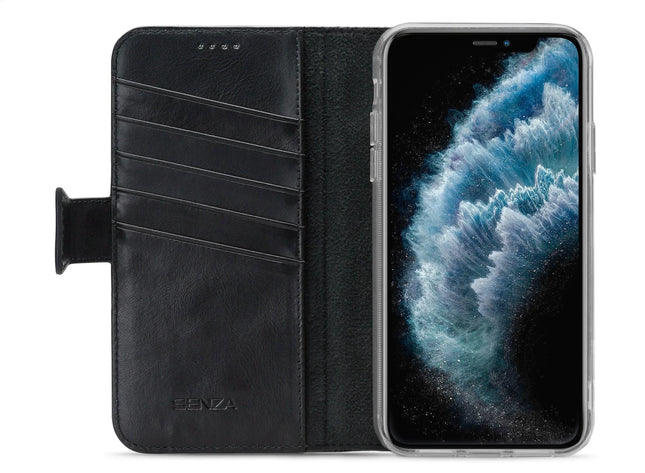 iPhone 11 Pro Max zwart leren wallet geopend met 4 pasjesvakken en geldvak