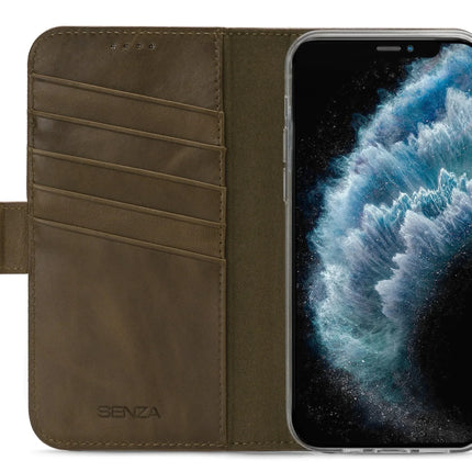 iPhone 11 Pro Max olijfgroene wallet geopend met 4 pasjesvakken en geldvak