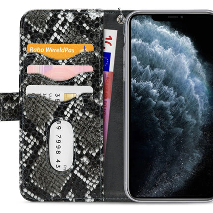 Zipper clutch iPhone 11 Pro polsband detail zwart slangenprint