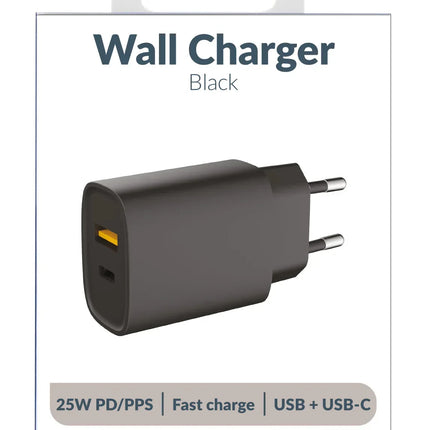 Mobilize Wall Charger Usb-C + Usb 25W With Pd/Pps Black