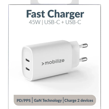 Mobilize Wall Charger 2X Usb-C Gan 45W With Pd/Pps White