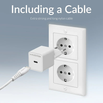Mobilize Wall Charger Usb-C Gan 30W With Pd/Pps + Usb-C Nylon Cable 1.2M White
