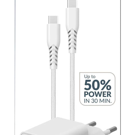 Mobilize Wall Charger Usb-C Gan 30W With Pd/Pps + Usb-C Nylon Cable 1.2M White