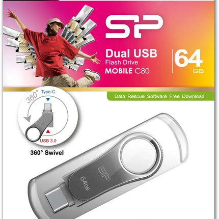 Silicon Power C80 Dual Usb Pendrive Mobile 64Gb Usb-C Grey Silicon Power