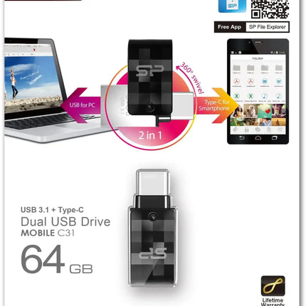 Silicon Power C31 Dual Usb Pendrive Mobile 64Gb Usb-C Black Silicon Power