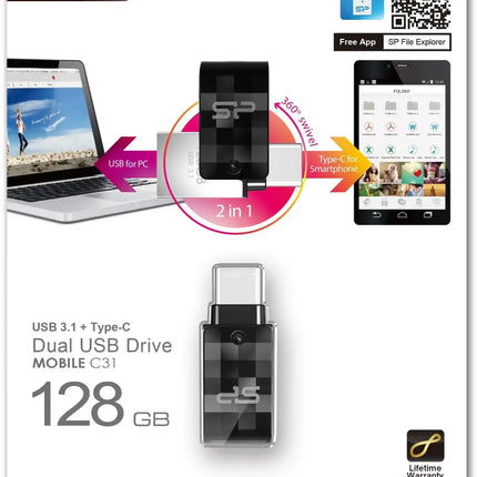 Silicon Power C31 Dual Usb Pendrive Mobile 128Gb Usb-C Black Silicon Power