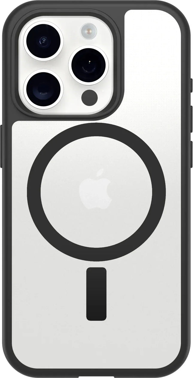 OtterBox React MagSafe hoesje in transparant en zwart om de iPhone 16 Pro