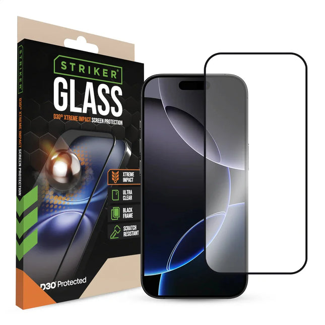 Striker D3O Xtreme Impact Glass Screen Protector - Black Frame - Apple Iphone 16 Pro