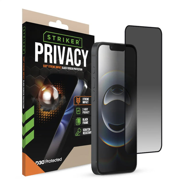 Striker D3O Xtreme Impact Privacy Glass Screenprotector Zwart Frame - Apple iPhone 13/13 Pro/14/16E