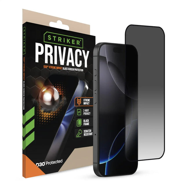 Striker D3O Xtreme Impact Privacy Glass Screenprotector Zwart Frame - Apple iPhone 16 Pro