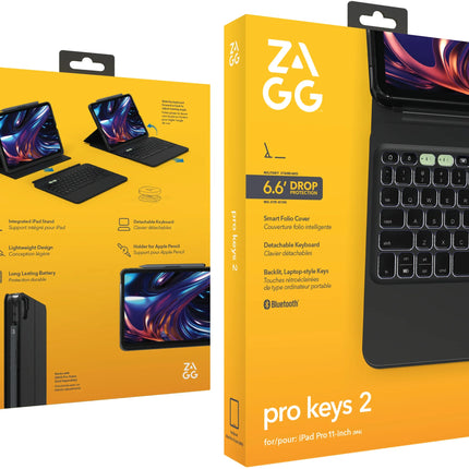 Zagg Pro Keys 2 Bluetooth Keyboard Case For Apple Ipad Pro 11 (2024/2025) Qwerty Black
