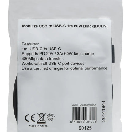 Mobilize Bulk Mobilize Cable Usb-C To Usb-C 1M. 60W Black (Bulk)