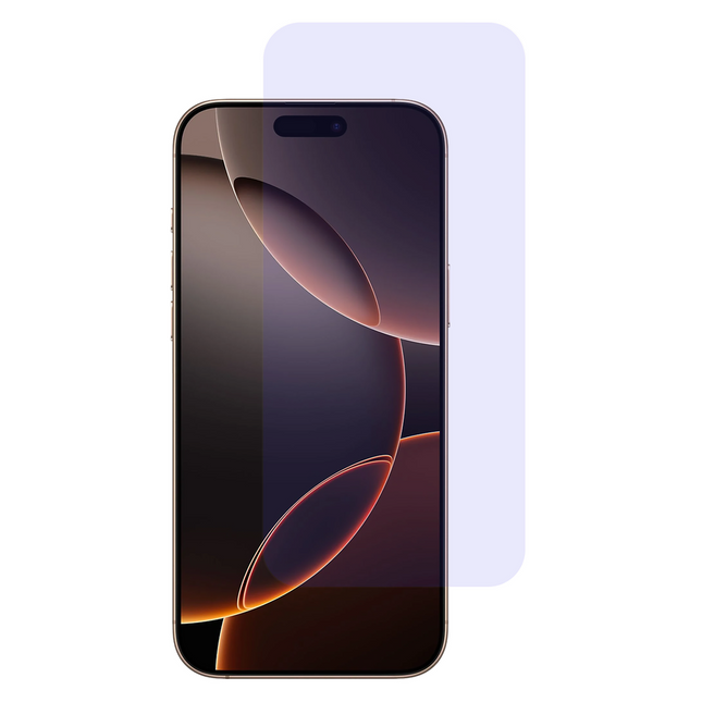 Blue Filter Screenprotector iPhone 16 Pro Max, close-up van het gehard glas | Casebump