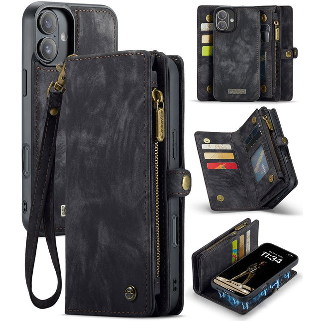 CaseMe portemonnee hoesje voor iPhone 16 in zwart, gesloten met magneetsluiting