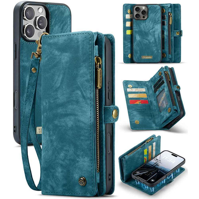 CaseMe portemonnee-hoesje iPhone 16 Pro Max blauw, gesloten met rits
