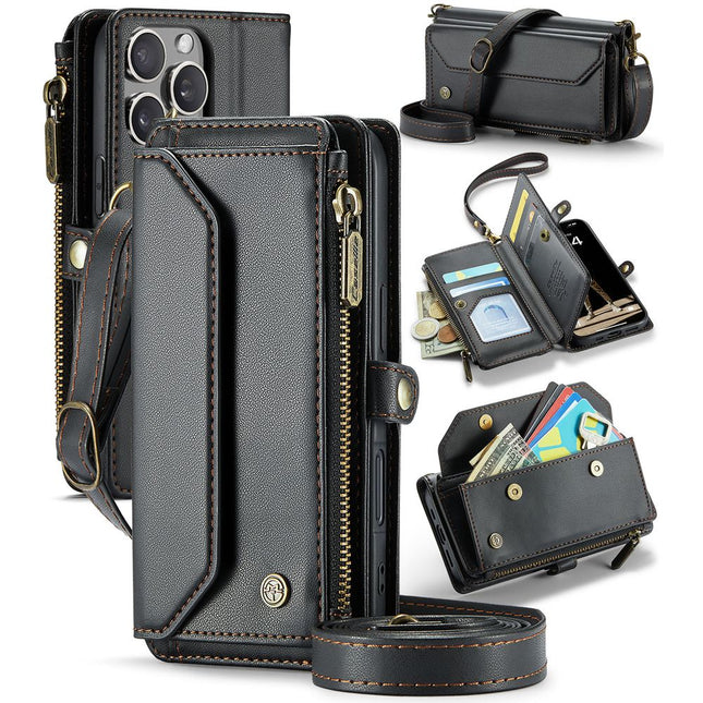 Vooraanzicht CaseMe Crossbody Wallet Case iPhone 16 Pro in zwart, gesloten