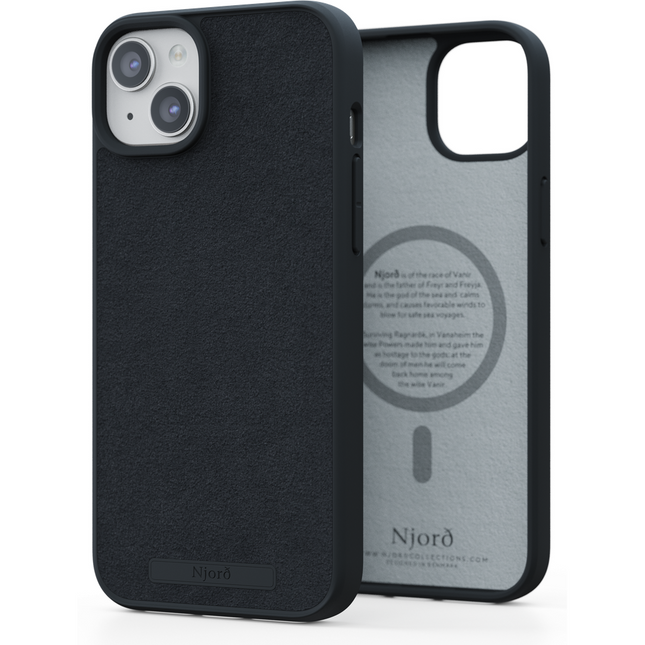 Njord Suede Comfort hoesje in zwart suède voor iPhone 15 Plus