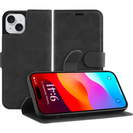 PrimeWallet Case - iPhone 15 Plus - PU leather Wallet Case - Black