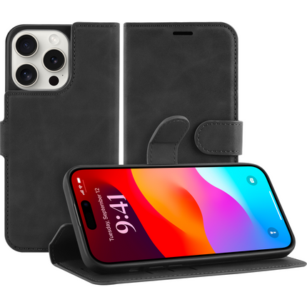 PrimeWallet Case - iPhone 15 Pro Max - PU leather Wallet Case - Black