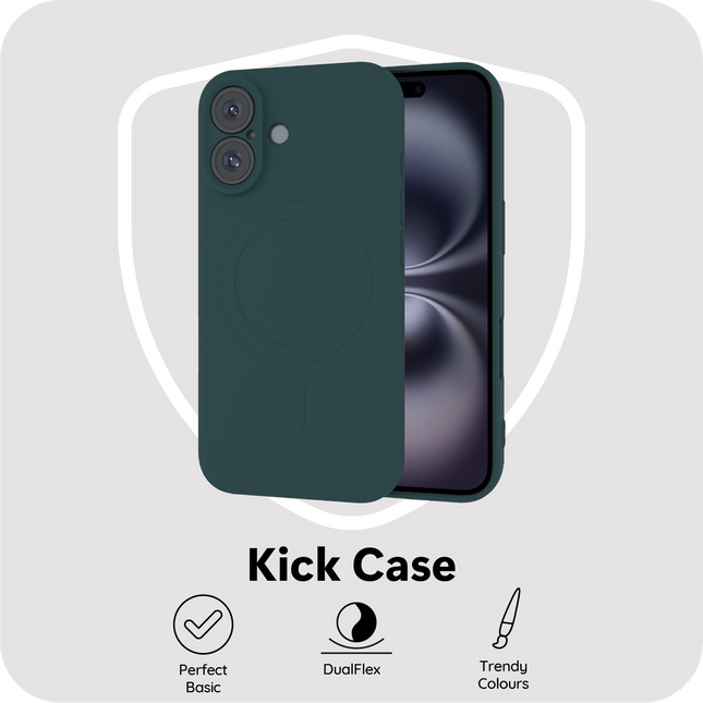 Achterkant van de groene Flex Case met MagSafe-uitlijning