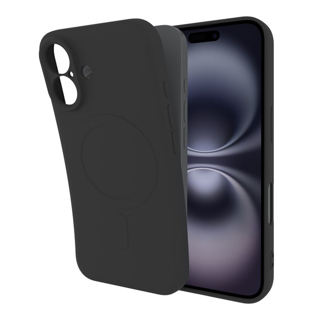 Flex Case in zwart om de achterkant van een iPhone 16 Plus