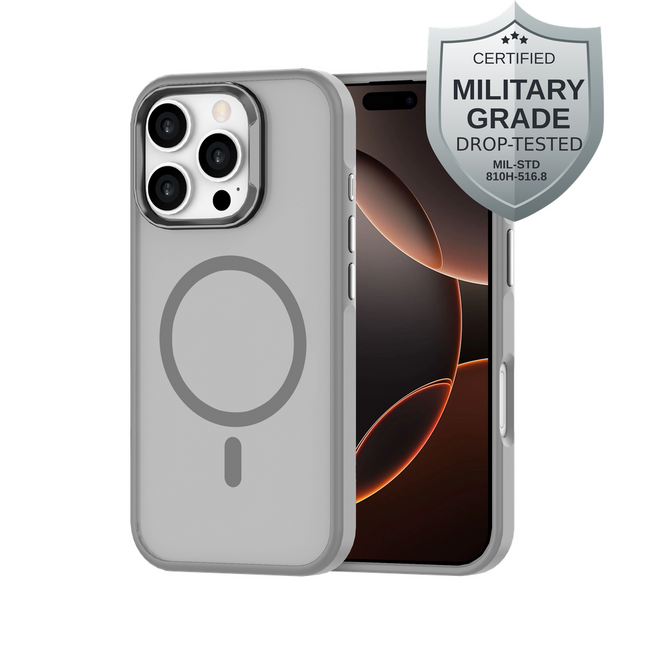 ArmorElite grijs hoesje met versterkte hoeken op de iPhone 16 Pro