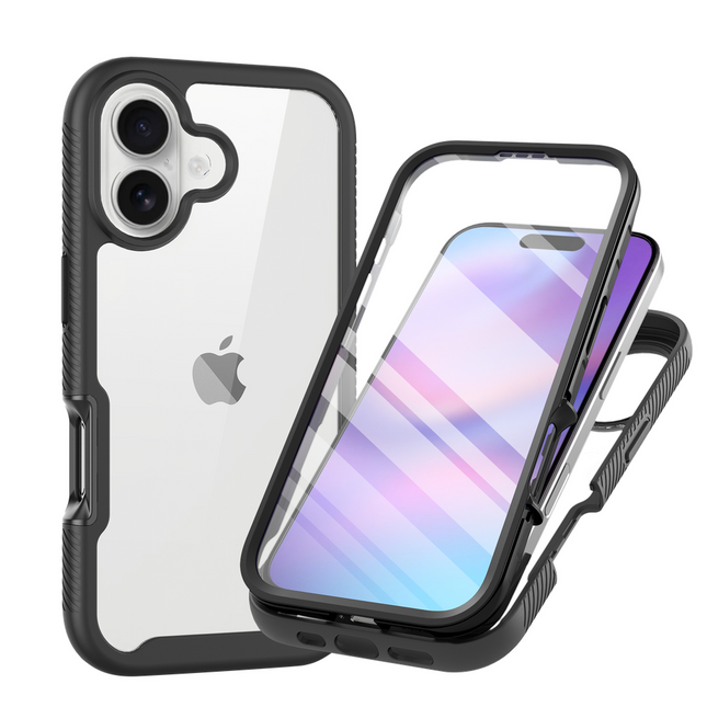 360 Full Cover Defense Case iPhone 17 zwart voorkant met screenprotector