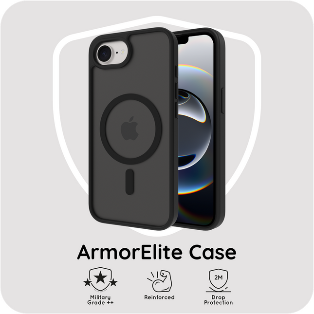 ArmorElite hoesje iPhone 17e / 16e zwart, achterkant met verstevigde hoeken