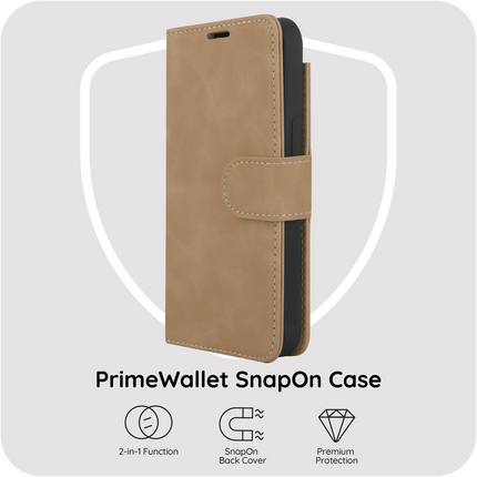 PrimeWallet SnapOn Case - iPhone 17e / 16e - Detachable PU leather Wallet Case - (compatible with MagSafe) - Taupe