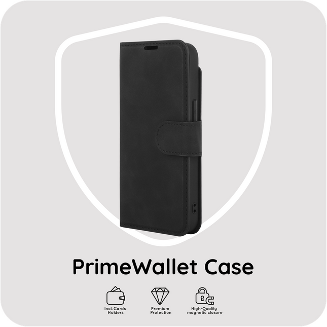 PrimeWallet portemonnee-hoesje iPhone 17e / 16e zwart, open met pasjeshouder