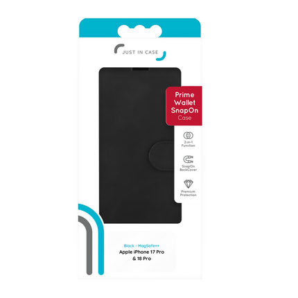 PrimeWallet SnapOn Case - iPhone 18 Pro / 17 Pro - Detachable PU leather Wallet Case - (compatible with MagSafe) - Black