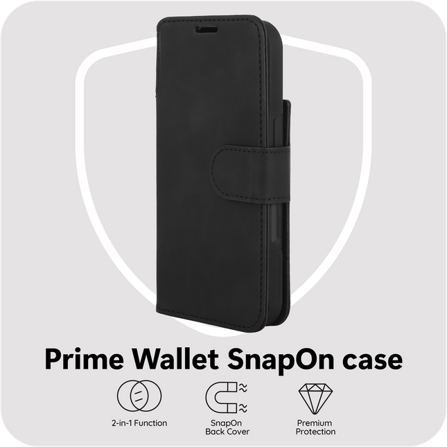 PrimeWallet SnapOn Case - iPhone 18 Pro Max / 17 Pro Max - Detachable PU leather Wallet Case - (compatible with MagSafe) - Black