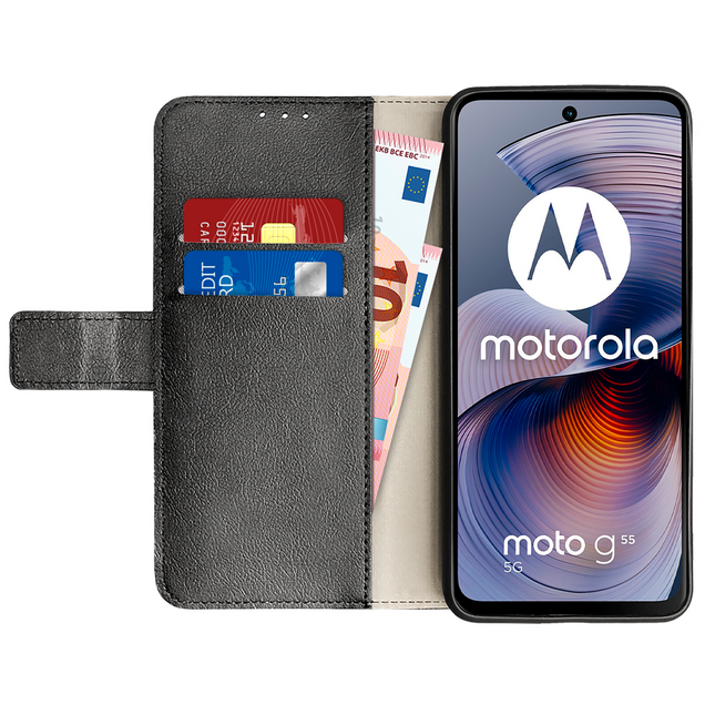 Classic Wallet Case - Motorola Moto G55 - PU leather Book Case - Black