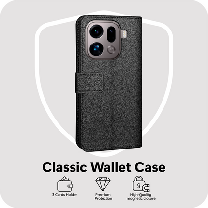 Classic Wallet Case - Oppo Find X9 Pro - PU leather Book Case - Black