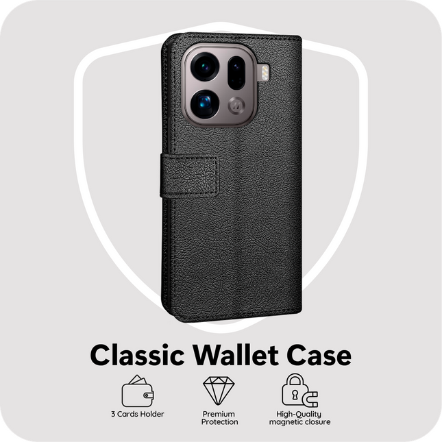 Classic Wallet Case - Oppo Find X9 Pro - PU leather Book Case - Black