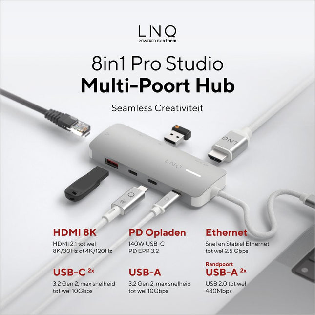 LINQ Connects 8in1 Pro Studio USB-C 10Gbps Multiport Hub with PD, 8K HDMI and 2.5Gbe Ethernet