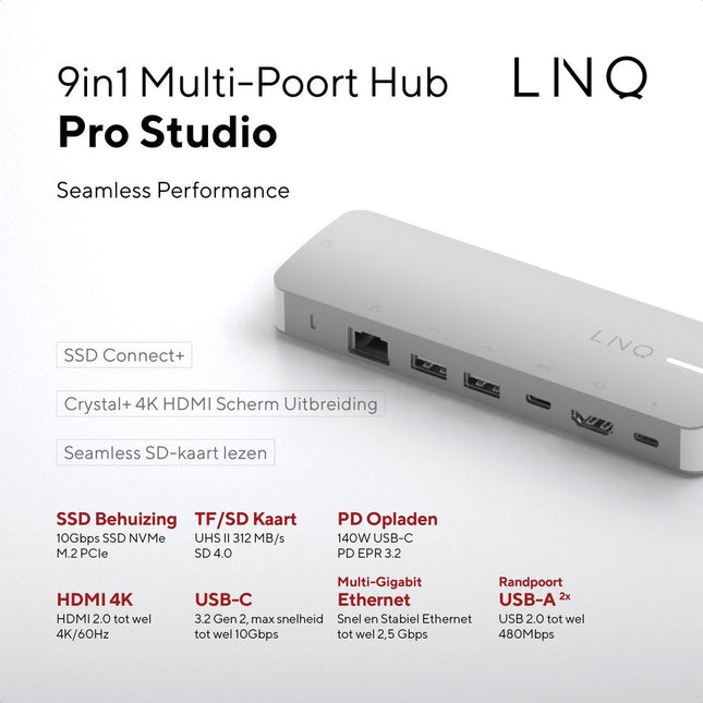 LINQ Connects Pro Studio 9-in-1 USB-C 10Gbps Multiport Hub with PD, 4K HDMI, NVMe M2 SSD, SD4.0 Card Reader, 2.5Gbe Ethernet