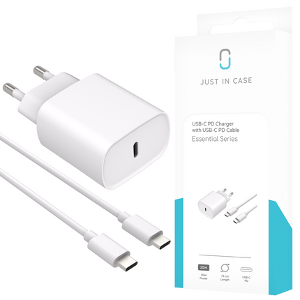 Essential 20W USB-C PD Adapter + USB-C PD Cable - 75cm - White