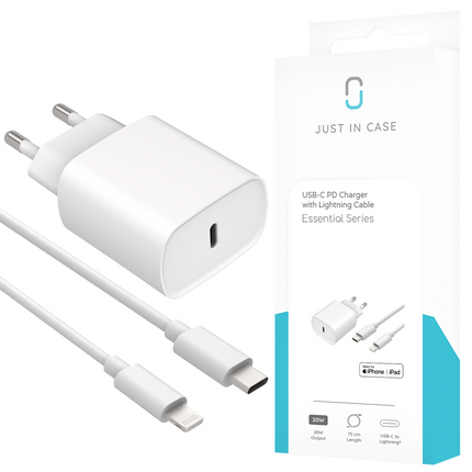 Essential 20W USB-C PD Adapter + USB-C to Lightning Cable - 75cm - White