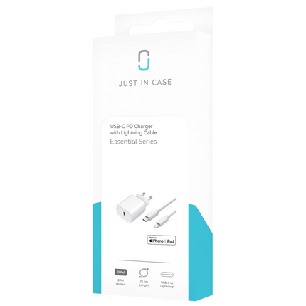 Essential 20W USB-C PD Adapter + USB-C to Lightning Cable - 75cm - White