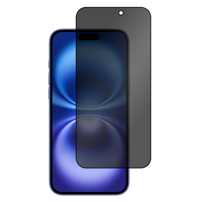 iPhone 16 met privacyfilter, scherm is vanuit de zijkant donker