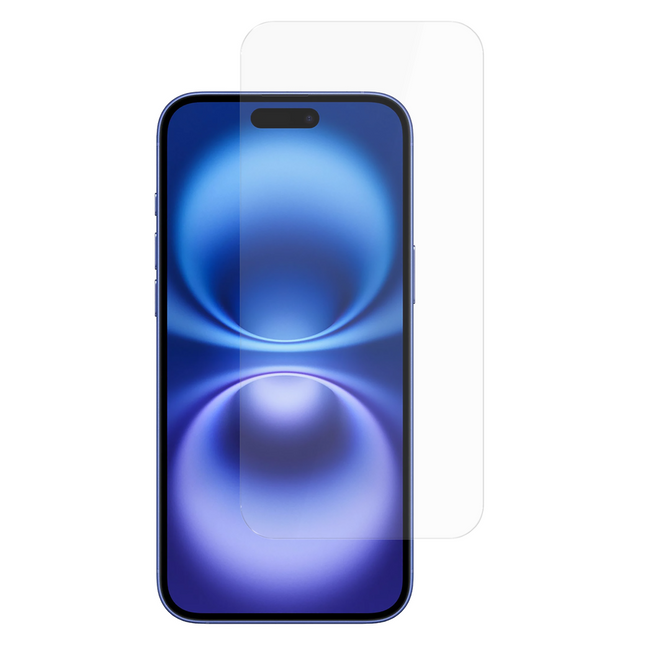 Gehard glazen screenprotector voor de iPhone 16 op een effen achtergrond