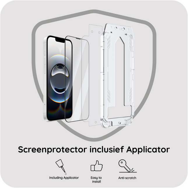 Screenprotector iPhone 17e / 16e met applicator, onderdelen uitgestald