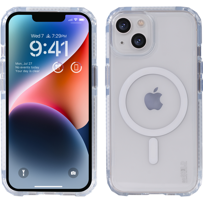 Achterkant van het transparante SoSkild hoesje op de iPhone 15